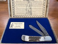 Parker-Edwards 1423D Ltd Ed Trapper w/Two Damascus Blades & Gnarly Stag Scales USA A-9200  