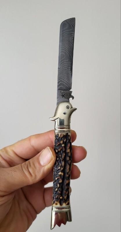 4 1/2 " Custom Handmade Bird's Head Bolster Knife, Premium Stag, Damascus blade
