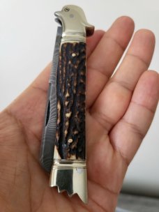 4 1/2 " Custom Handmade Bird's Head Bolster Knife, Premium Stag, Damascus blade