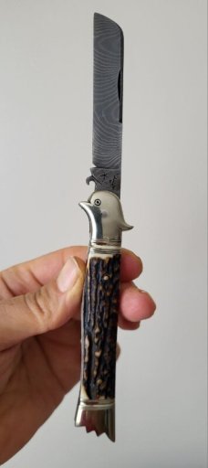 4 1/2 " Custom Handmade Bird's Head Bolster Knife, Premium Stag, Damascus blade