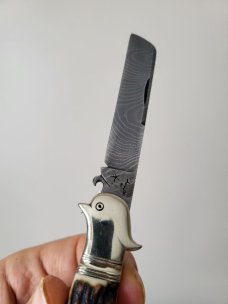 4 1/2 " Custom Handmade Bird's Head Bolster Knife, Premium Stag, Damascus blade