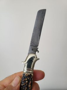 4 1/2 " Custom Handmade Bird's Head Bolster Knife, Premium Stag, Damascus blade