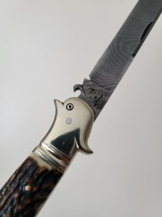 4 1/2 " Custom Handmade Bird's Head Bolster Knife, Premium Stag, Damascus blade