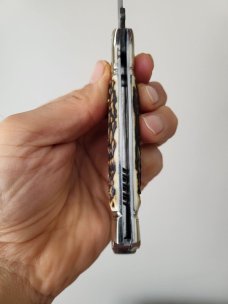 4 1/2 " Custom Handmade Bird's Head Bolster Knife, Premium Stag, Damascus blade