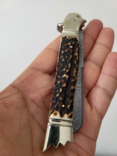 4 1/2 " Custom Handmade Bird's Head Bolster Knife, Premium Stag, Damascus blade