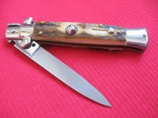 Vintage 8" Stag Flat Ground BLADE ITALIAN STILETTO Switchblade Knife
