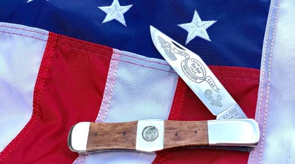 1984 Ka-Bar Folding Hunter Knife (mdl# 6295) with Brown Handles -w/ Bear vs Man -NOS & NM