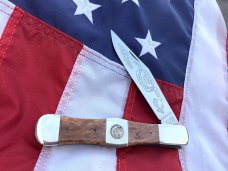 1984 Ka-Bar Folding Hunter Knife (mdl# 6295) with Brown Handles -w/ Bear vs Man -NOS & NM
