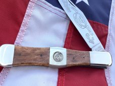 1984 Ka-Bar Folding Hunter Knife (mdl# 6295) with Brown Handles -w/ Bear vs Man -NOS & NM