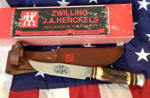 J A Henckels Fixed Blade Hunter Knife w/ Stag Handles & Gold Blade Etch of wild boar J A Henckels Fixed Blade Hunter Knife w/ Stag Handles & Gold Blade Etch of wild boar