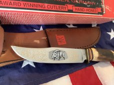 J A Henckels Fixed Blade Hunter Knife w/ Stag Handles & Gold Blade Etch of wild boar