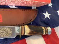 J A Henckels Fixed Blade Hunter Knife w/ Stag Handles & Gold Blade Etch of wild boar