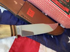 J A Henckels Fixed Blade Hunter Knife w/ Stag Handles & Gold Blade Etch of wild boar