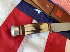 J A Henckels Fixed Blade Hunter Knife w/ Stag Handles & Gold Blade Etch of wild boar