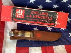 J A Henckels Fixed Blade Hunter Knife w/ Stag Handles & Gold Blade Etch of wild boar
