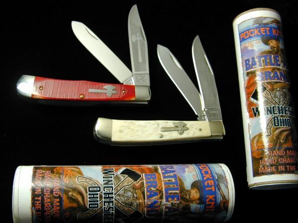 2 Battle Axe Brand Trapper Knives from Cooper Cutlery 2021 1st Year White & 2022 Red Sawcut Bone USA 2 Battle Axe Brand Trapper Knives from Cooper Cutlery 2021 1st Year White & 2022 Red Sawcut Bone USA