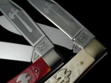 2 Battle Axe Brand Trapper Knives from Cooper Cutlery 2021 1st Year White & 2022 Red Sawcut Bone USA