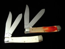 2 Battle Axe Brand Trapper Knives from Cooper Cutlery 2021 1st Year White & 2022 Red Sawcut Bone USA