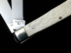 2 Battle Axe Brand Trapper Knives from Cooper Cutlery 2021 1st Year White & 2022 Red Sawcut Bone USA