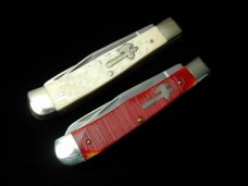 2 Battle Axe Brand Trapper Knives from Cooper Cutlery 2021 1st Year White & 2022 Red Sawcut Bone USA