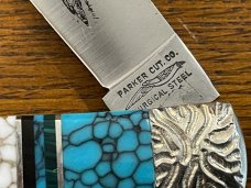 Brian Yellowhorse Parker Cut Co Custom Navajo Inlaid "Howling Wolf" Folder Knife in Wood Display Cas