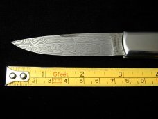 Al Warren Red Sambar Stag Drop Point Lock Back Knife Roseville CA. 3.75" Closed Damasteel Blade