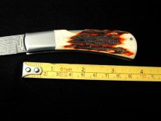 Al Warren Red Sambar Stag Drop Point Lock Back Knife Roseville CA. 3.75" Closed Damasteel Blade