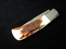 Al Warren Red Sambar Stag Drop Point Lock Back Knife Roseville CA. 3.75" Closed Damasteel Blade
