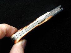 Al Warren Red Sambar Stag Drop Point Lock Back Knife Roseville CA. 3.75" Closed Damasteel Blade