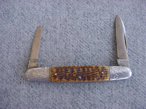 Antique ULSTER KNIFE CO., Engraved Aluminum Elongated Bolsters, Finely Jigged Pick-Bone, Pen Knife