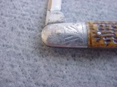 Antique ULSTER KNIFE CO., Engraved Aluminum Elongated Bolsters, Finely Jigged Pick-Bone, Pen Knife
