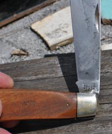 Schrade Walden Rope Knife Wood handles Never Used 4 1/2" Closed Has Tarnishish Loud In/Out Tight 