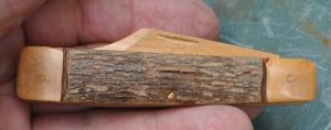 Folder Made Of Wood 3 1/2" Closed 3 Copper Pins Bark Handle Blonde Wood Bolsters Frame And Blade