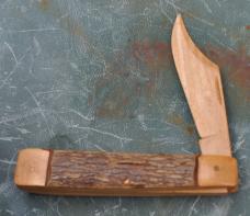 Folder Made Of Wood 3 1/2" Closed 3 Copper Pins Bark Handle Blonde Wood Bolsters Frame And Blade