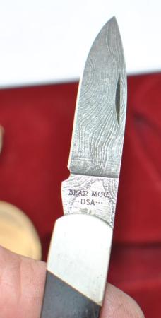 Bear MGC Presentation Set 3" Lock Back Damascus And Brass Medallion Mint Sharp Jacksonville AL 