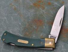 Schrade USA 50T Green Saw Cut Delrin Lock Back Brass Bolsters Mint Factory Edge Old Timer Shield