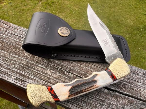 BUCK 110 FINGER GROOVE LEROY REMER CUSTOM SAMBAR STAG KNIFE BUCK 110 FINGER GROOVE LEROY REMER CUSTOM SAMBAR STAG KNIFE