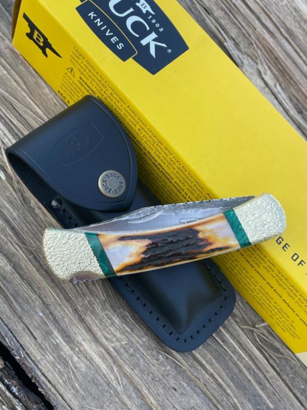 BUCK 110 FINGER GROOVE LEROY REMER CUSTOM AMBER STAG KNIFE BUCK 110 FINGER GROOVE LEROY REMER CUSTOM AMBER STAG KNIFE