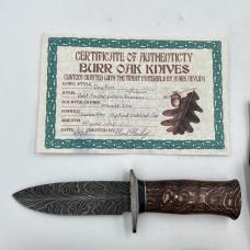 Custom Feather Damascus Drop Point, Burr Oak Knives, USA Mark Nevling