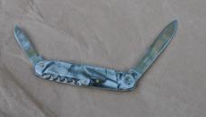East German Folder 2 Blade Tang Stamped 'GML' Mint 3 1/2" Closed Mottled Gray Celluloid Stainless
