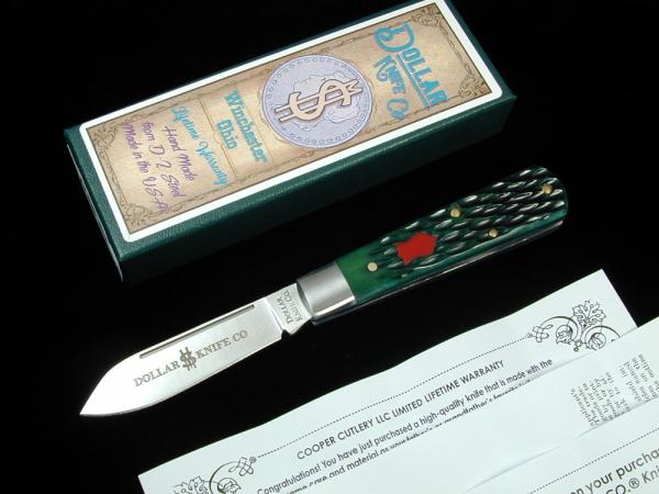 Dollar Knife Co. Green Jigged Bone with Red Shield Jack Knife from Cooper Cutlery USA GJB-RS