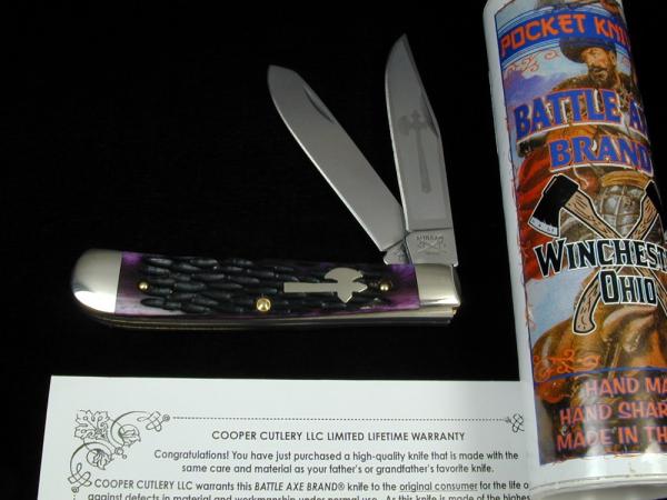 Battle Axe Brand Purple Jigged Bone Trapper Knife from Cooper Cutlery USA 5219PJB Battle Axe Brand Purple Jigged Bone Trapper Knife from Cooper Cutlery USA 5219PJB