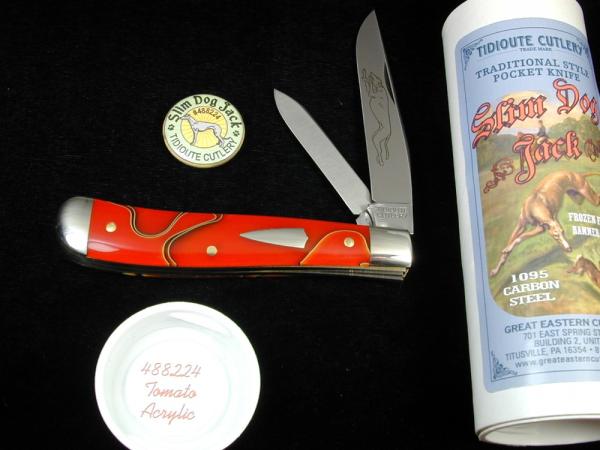 Great Eastern Cutlery GEC Smooth Tomato Acrylic Slim Dog Jack Knife 1095 Carbon Steel 488224