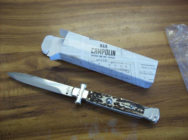 A. G. A. Campolin Maniago, Italy Maltese Cross Bayonet 9 Incher Lockback W/Genuine Stag/Antler NIB