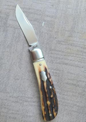 Bobby Toole Sambar Stag Trapper..Cpm154..Fluted bolsters...3 5/8" closed..New...pouch and coa.
