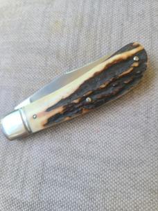 Bobby Toole Sambar Stag Trapper..Cpm154..Fluted bolsters...3 5/8" closed..New...pouch and coa.