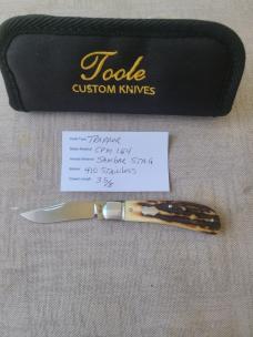 Bobby Toole Sambar Stag Trapper..Cpm154..Fluted bolsters...3 5/8" closed..New...pouch and coa.