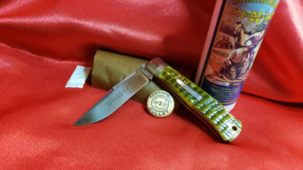 Great Eastern Cutlery 721123LB Green Jigged Bone Lock Back, NEW in the Tube with Button. 