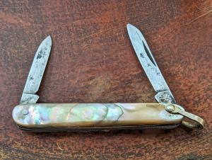 Vintage Salm DeLuxe 2-Blade Sleeveboard Shadow Pen Watch Fob Pocket Knife c1918-1925 Abalone