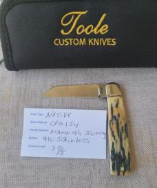 Bobby Toole Light Mammoth Ivory Native..Cpm154...3 7/8closed...integral fluted bolsters..coa & pouch